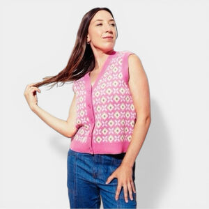 SUNDAY BEST Preston Pink Vest Pattern Wool Cotton Blend, Casual Preppy, Sz M